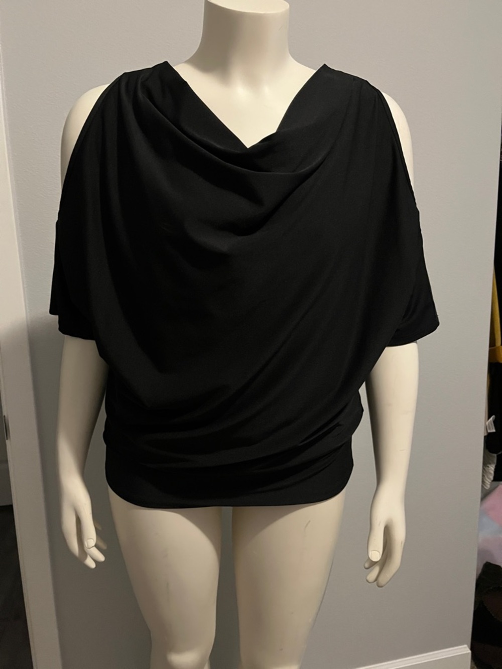 For Cynthia Black Cold-Shoulder Draped Top
